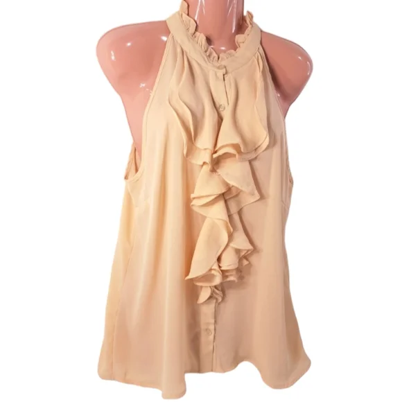 Charlotte Russe Women's Beige Sleeveless Ruffles Designs Button  Blouse L - Picture 2 of 10
